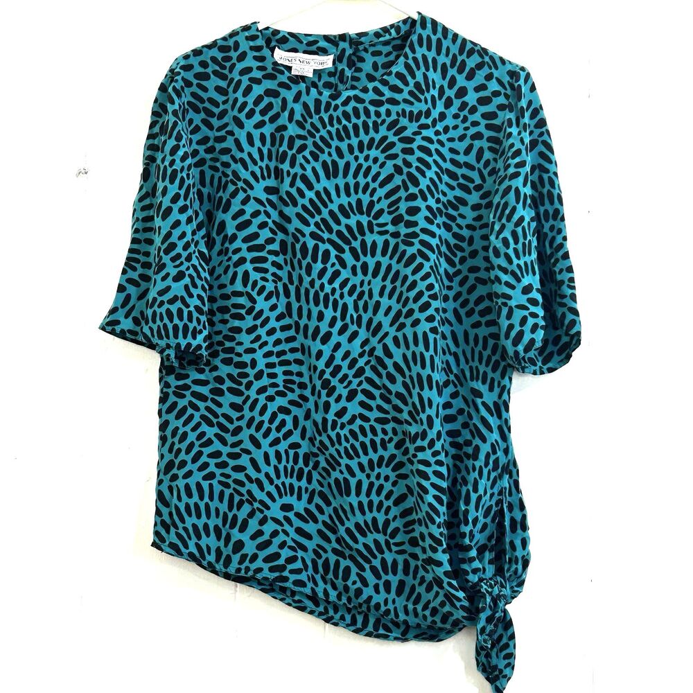 Vintage Jones New York 100% Silk Black Green Top Blouse Size 14 Tied One Size
